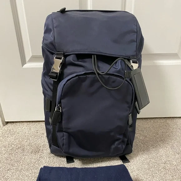 Prada | Bags | Prada Renylon And Saffiano Backpack In Navy  display picture 3